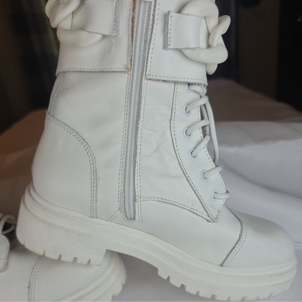 Beautisoles White Leather Combat Boots W Chain Detail. Zip w Tie Closure (35) - Picture 5 of 11